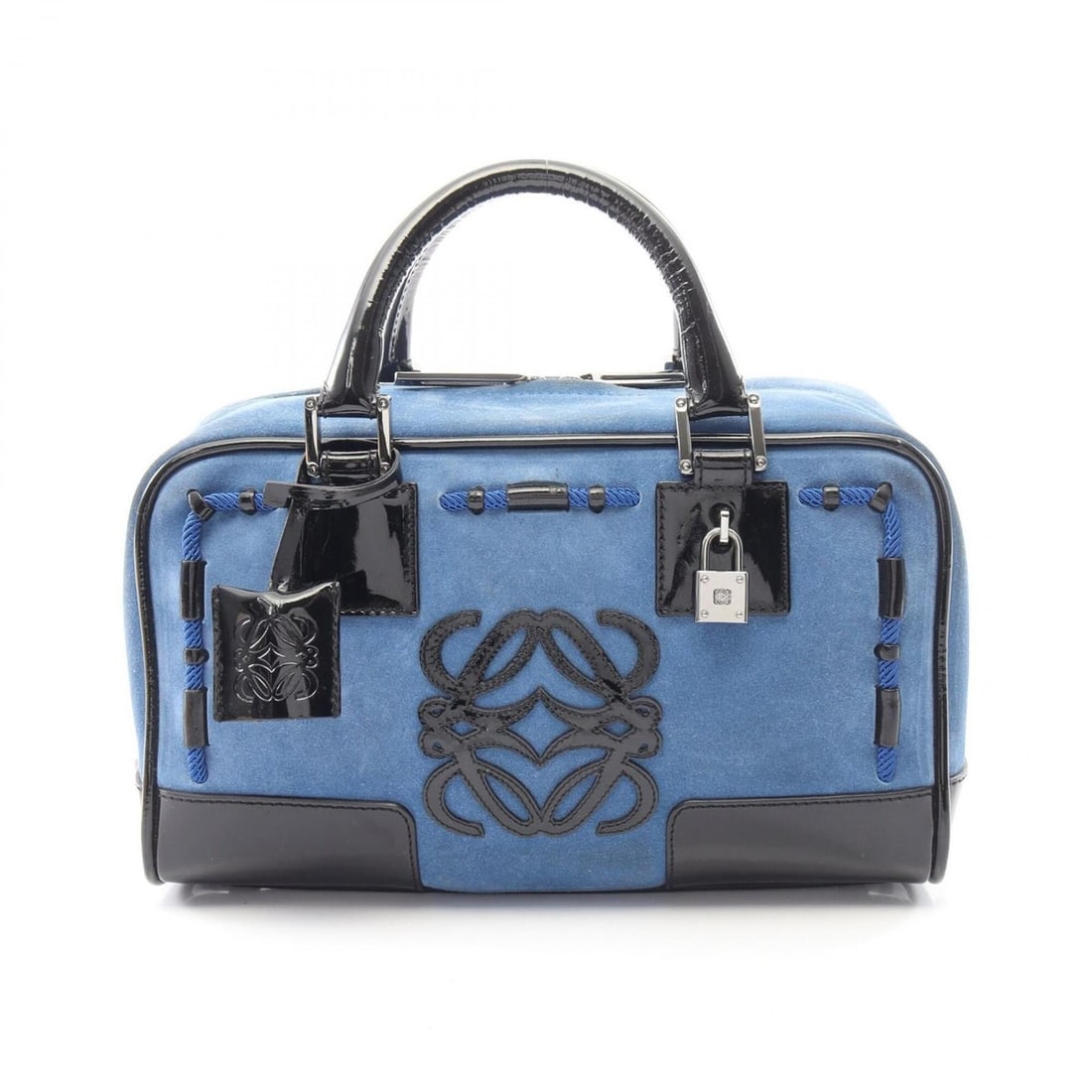 Loewe Amazona 28 Handbag, Suede Patent Leather, Women's, Blue/Black: --- Catalog ---Category: SizeSize (HxWxD): 16cm x 29cm x 12cm / 6.29'' x 11.41'' x 4.72''Category: DesignType: HandbagColor: Black, BlueGender: WomenMaterial: Patent leather , Suede Category: GeneralB
