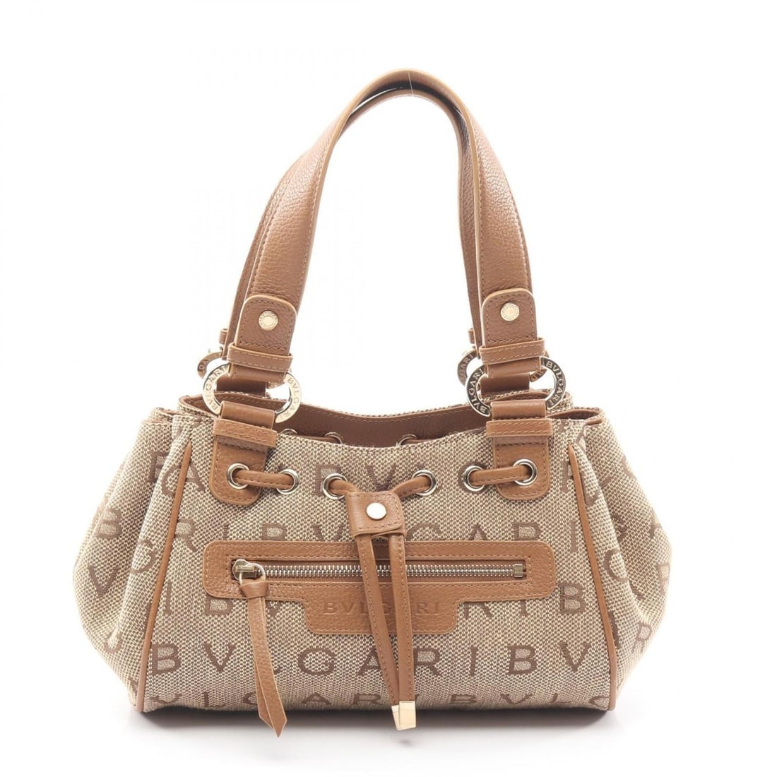 Bulgari BVLGARI Logomania Maxi Letter Handbag, Canvas and Leather, Women's, Beige/Brown: --- Catalog ---Category: SizeSize (HxWxD): 17cm x 27cm x 11cm / 6.69'' x 10.62'' x 4.33''Category: DesignType: HandbagColor: Beige, BrownGender: WomenMaterial: Canvas , Leather Category: GeneralBrand: