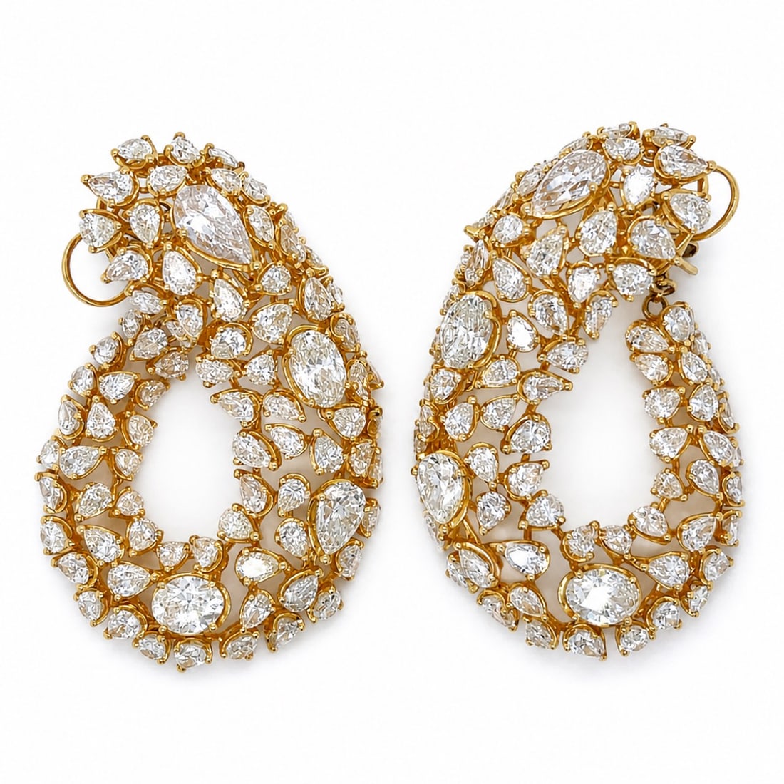 18K YG 41.00 Ct. Diamond Earrings: 18K Yellow Gold statement earrings. Total diamond weight of 41.00 Ct. Chandelier drop style with secure backs.