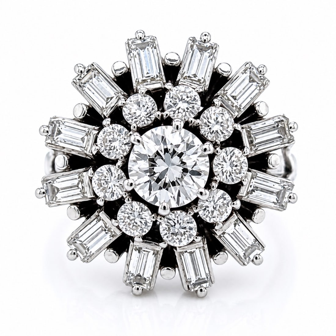 Art Deco Platinum Diamond Ring: Authentic Vintage Design; Openwork Platinum Filigree; Central Old European Cut Diamond.