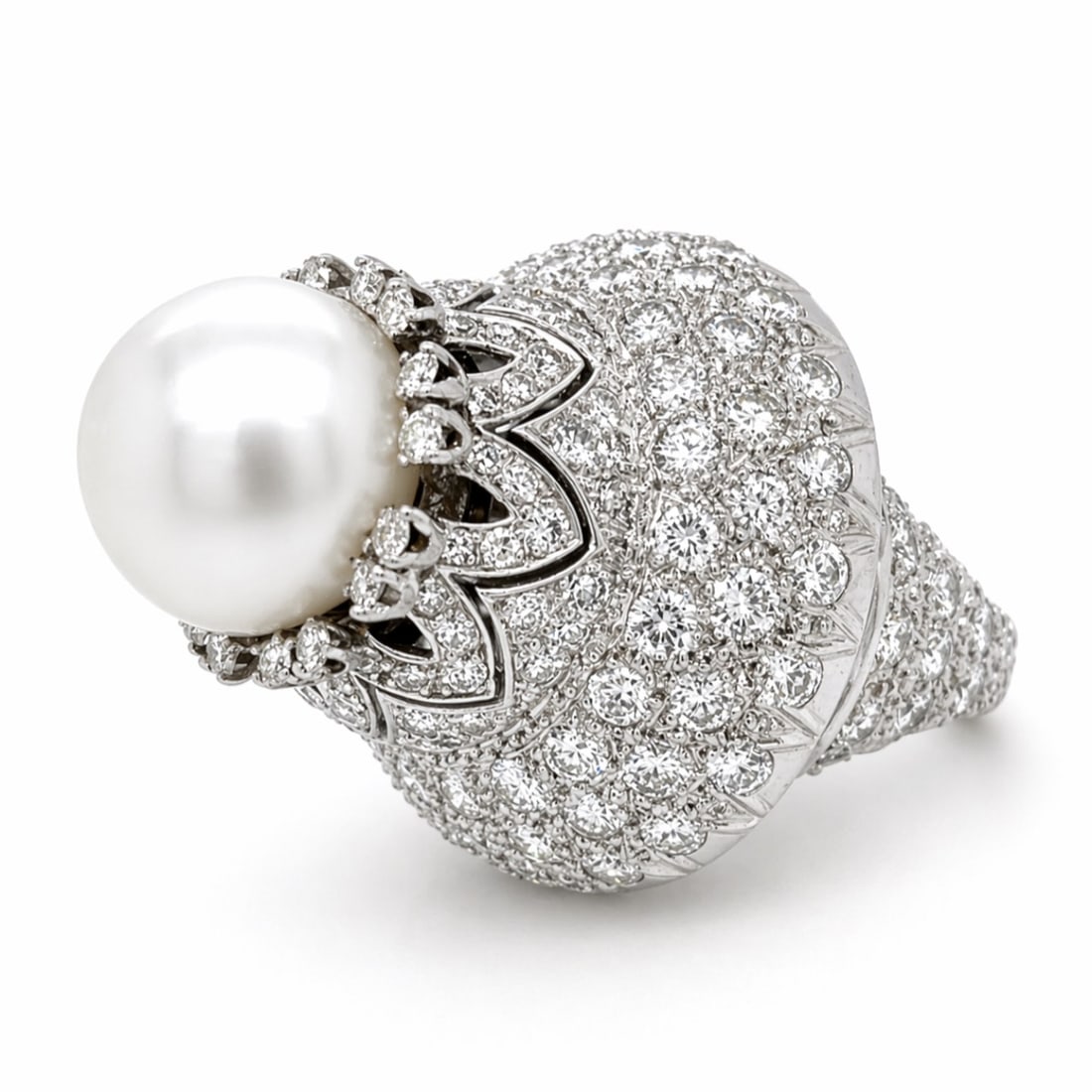 Platinum South Sea Pearl & Diamond Ring: Large South Sea Pearl center; Platinum cocktail mounting with heavy diamond pavé accents.