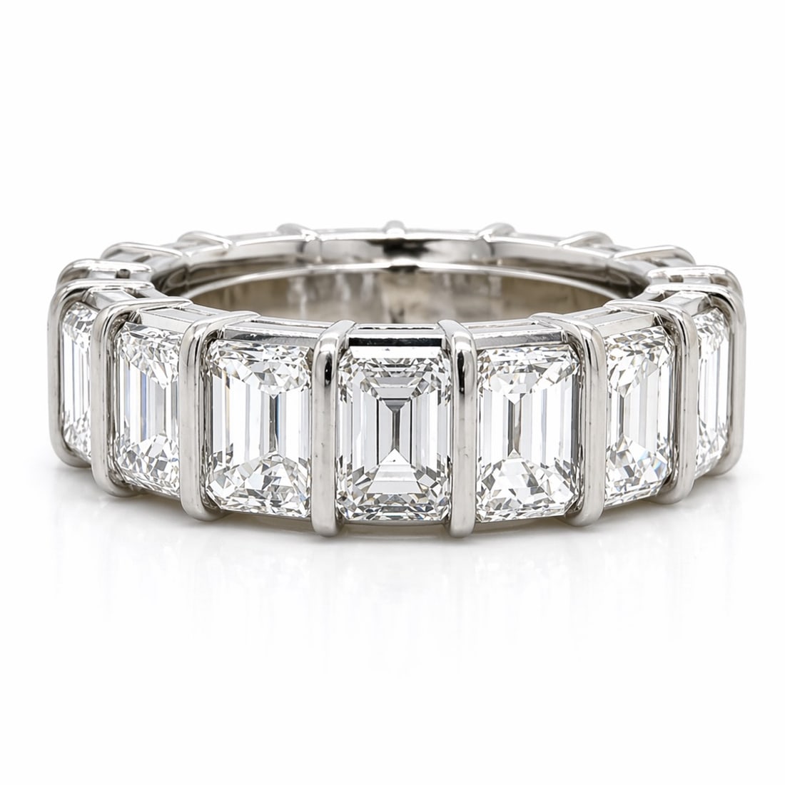 Platinum 7.65 Ct. Diamond Eternity Band: Solid Platinum high-jewelry band; 7.65 Ct. total weight; Matched F-G color diamonds.