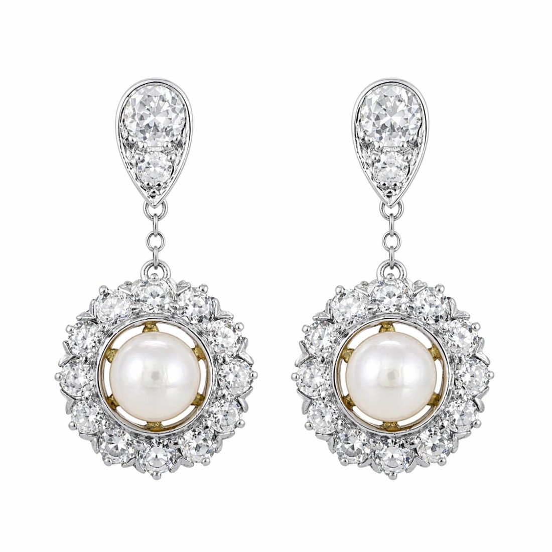 Victorian 18K Pearl & Diamond Earrings: Genuine Victorian era; 18K Yellow Gold and Platinum; Natural Pearls with rose-cut diamond accents.