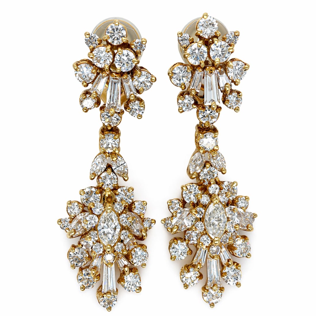 18K Yellow Gold 9.00 Ct. Diamond Earrings: 18K Yellow Gold; 9.00 Ct. total weight in diamonds; High-clarity matched brilliant stones.