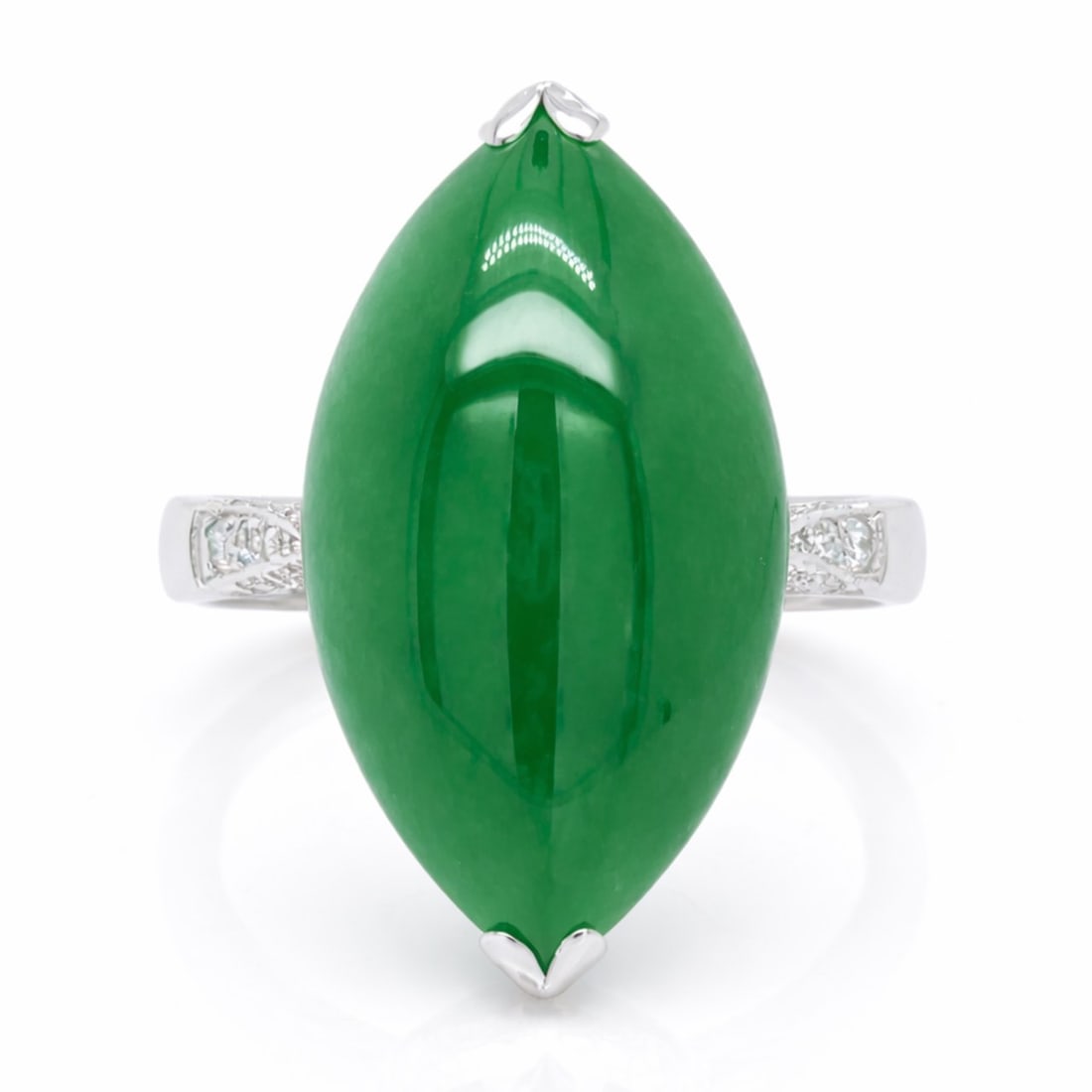 Platinum GIA Certified Jade & Diamond Ring: Solid Platinum; GIA Certified natural Jade center; High-translucency; Surrounded by baguette diamonds.