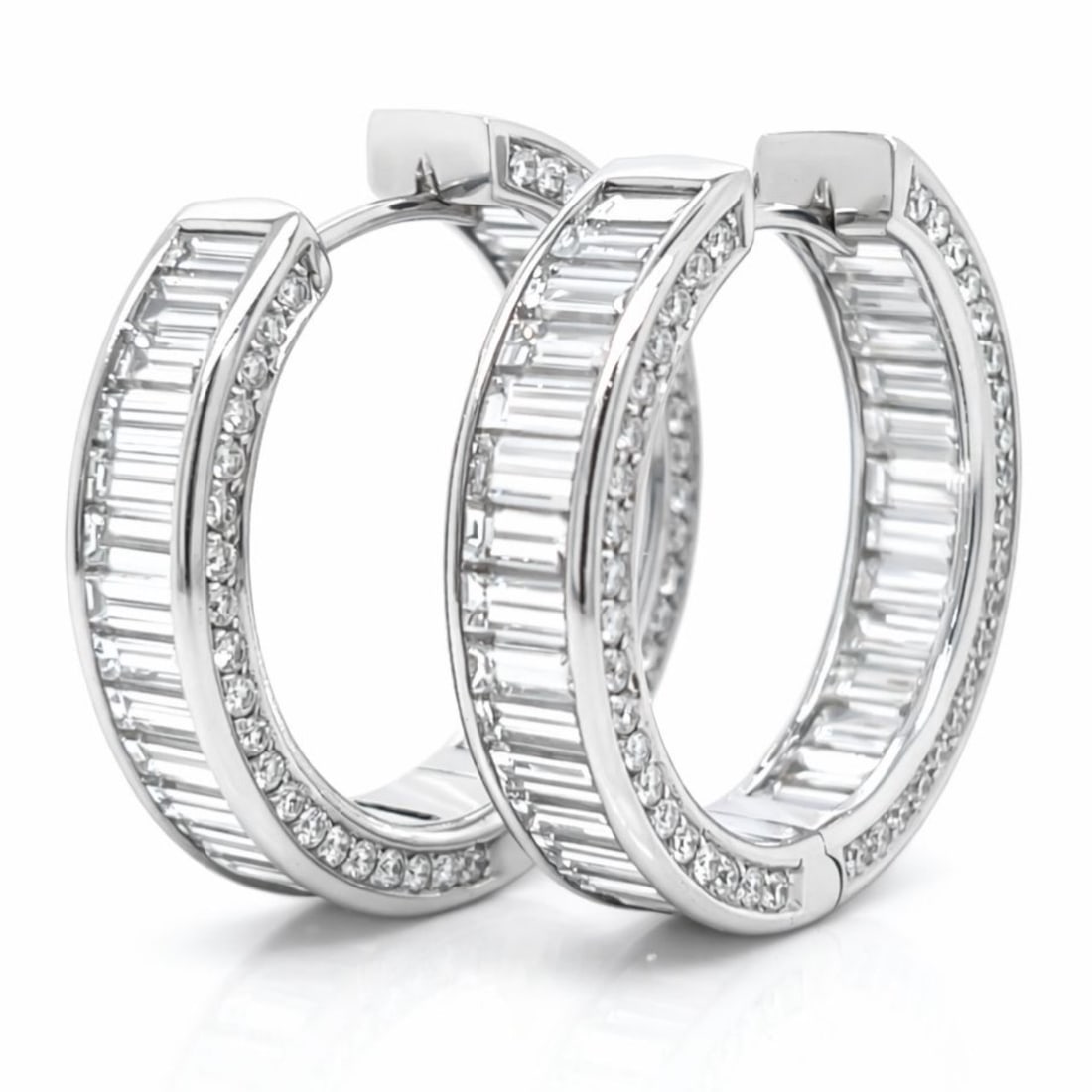 18K WG 15.00 Ct. Inside-Outside Hoops: 18K White Gold; 15.00 Ct. total weight; Diamonds set on both front and inner-back for maximum fire.
