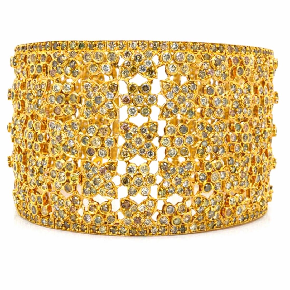 18K YG 25.00 Ct. Diamond Bangle Cuff: Heavy 18K Yellow Gold cuff; Fully pavé-set with 25.00 Ct. of natural white diamonds.