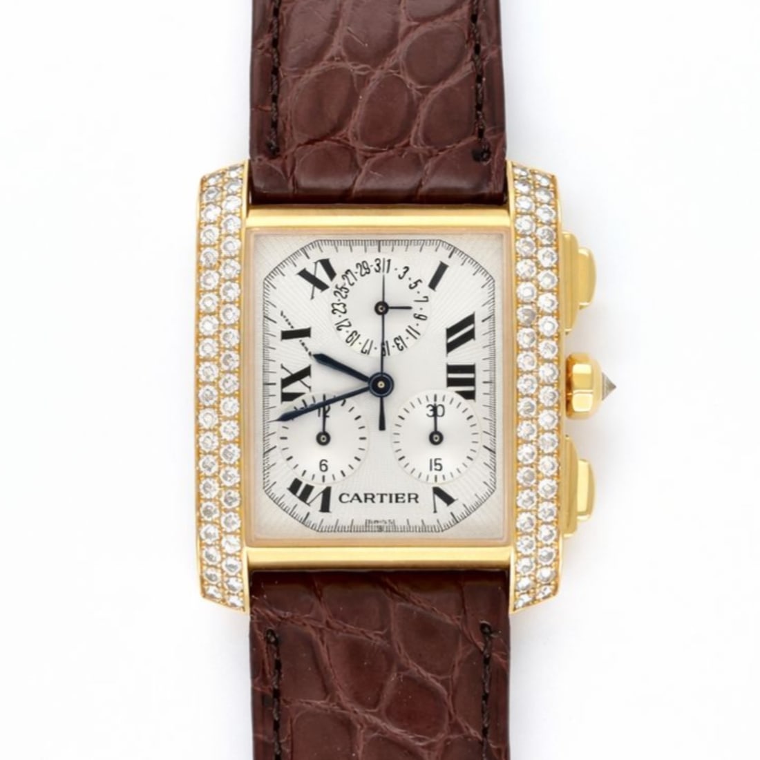 CARTIER 18K YG Tank Francaise Chronograph: Authentic Cartier Tank Francaise Chronoflex; 18K Yellow Gold case with rare Factory Diamond setting.