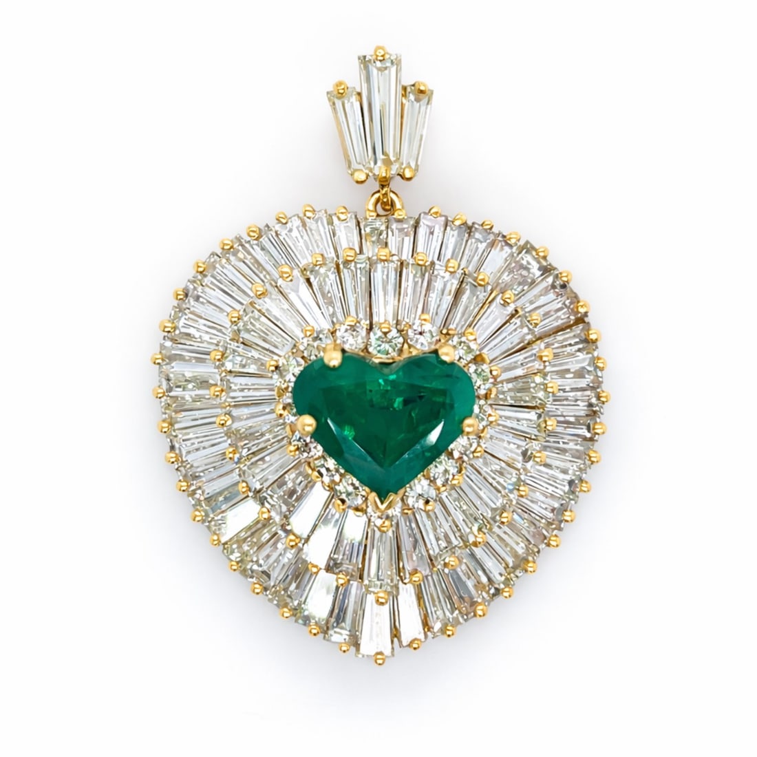 14K Yellow Gold Emerald & Diamond Heart Pendant: 14K Yellow Gold heart-shape framework; Clusters of vivid green Emeralds accented by white Diamonds.