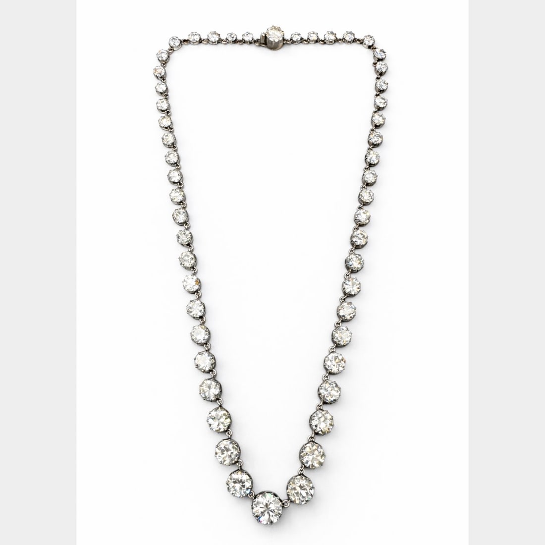 18K/Plat 34.55 Ct. Graduated Diamond Necklace: Masterpiece tier; 18K White Gold structure with heavy Platinum top plates; Spectacular 34.55 Ct. graduated display.
