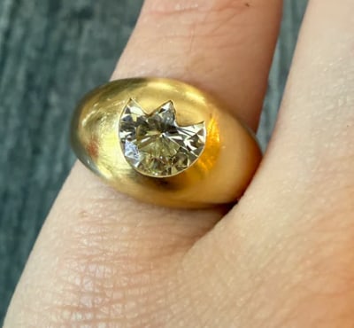 1.4 Carat Tulip Diamond and 18K Gold Signet Ring (W): Heavy estate luxury signet ring. Flat rectangular face carved with stylized tulip flower petals centering a massive bezel-set old European cut diamond weighing approximately 1.40 carats (H-I color, VS
