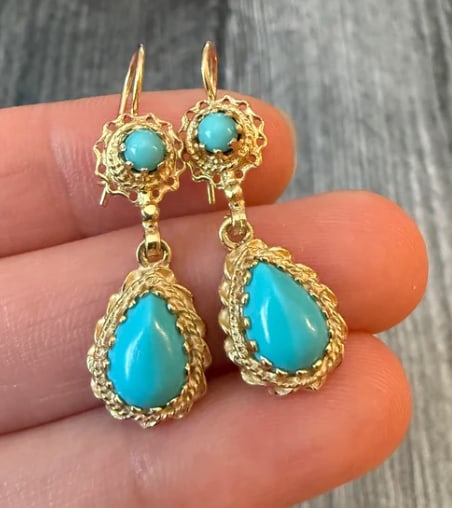 Turquoise and 14K Gold Dangle Earrings (S): Elegant chandelier drops featuring smooth, tear-shaped natural Sleeping Beauty blue turquoise stone drop briolettes swaying from flexible kinetic multi-tier open oval links on post backs. Total
