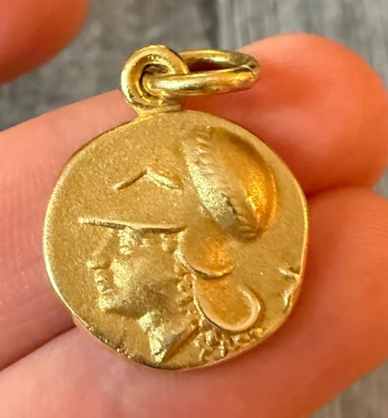 Athena & Pegasus Greek Coin Charm in 18K Gold: Heavy, high-karat ancient style medallion bezel-set in a thick 18K yellow gold frame. Features the profile of Athena on the obverse and a winged Pegasus on the reverse. Pendant drop is 32 mm including