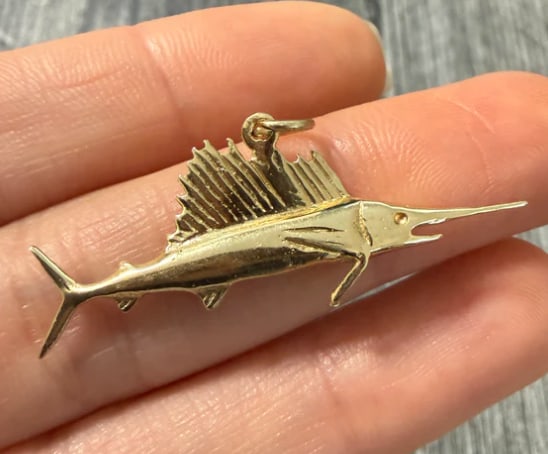 Vintage 14K Gold Marlin or Swordfish Charm: Highly detailed nautical sportfish charm featuring a leaping marlin/swordfish capturing realistic fins, scales, and elongated bill. Curved, dynamic pose. Length: 28 mm tail-to-bill; height 12 mm. Weig