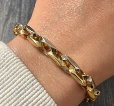 Vintage 14K Bicolor Gold Squared Biker Link Bracelet, 8.25" Long: Substantial massive luxury link bracelet displaying alternating squared blocks of heavy 14K rose and yellow gold. Features a thick hidden spring box clasp with two safety locks. Width: 13 mm;