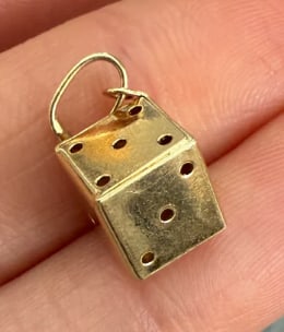 Small 14K Gold Dice Charm: Solid, heavy three-dimensional gaming cube/die featuring recessed, darkly contrasting dimple markers on all six traditional layout faces. Perfect gaming or luck accent. Measures 6.5 mm cubed square. W
