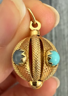Vintage 18K Gold and Multicolor Stone Orb Charm: European spinning spherical ball charm or fob beautifully bezel-set across its entire globe surface with round cabochons of turquoise, carnelian, lapis, jade, and tiger's eye within heavy 18K gold sta