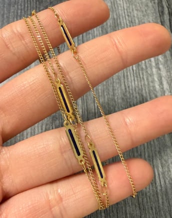 Uno A Erre 18K Gold and Blue Enamel Bar Link Station Chain, 28.5" Long: High-end Italian opera-length layering necklace by UnoAErre. Long structural design featuring sleek rectangular bar links wrapped in vibrant royal cobalt blue enamel, connected by bright 18K gold wire