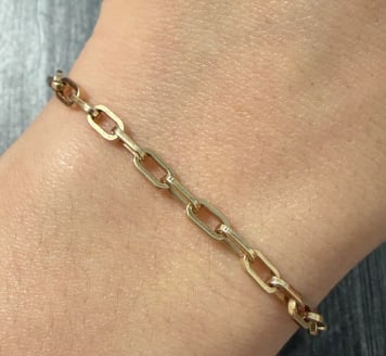 Vintage 14K Rosy Gold Biker Link Bracelet, 7.5" Long: Substantial mid-century flat motorcycle or heavy tank tread link bracelet cast in a warm pinkish-rose 14K gold alloy. Complete with a wide sliding tongue clasp and safety clip. Link width: 8 mm; lengt