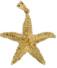 14k Yellow Gold Textured Starfish Pendant: Large coastal statement piece modeled as a realistic five-arm marine starfish, heavily sculpted with organic granular stippling across the curved front face. Measures 32 mm x 30 mm. Weight: 4.8 grams.