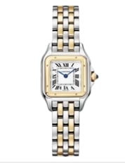 Cartier Two Row Panthere: Iconic Swiss luxury horology by Cartier. Classic square Panthère watch featuring a stainless steel case with a striking cream Roman numeral dial, blue steeled sword hands, and a signature two-row