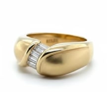 14k Yellow Gold Diamond Ring w: Classic gentleman's or unisex heavy signet-style band, flush-mounting three rows of brilliant-cut fiery white diamonds (approx. 0.85 ctw) across a robust rectangular high-polish face plate. Front head