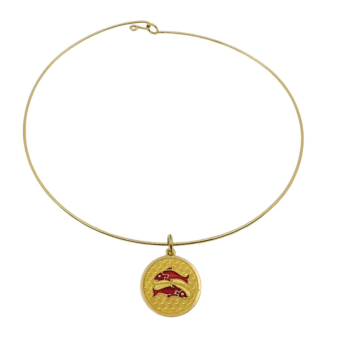 Vintage 18k Gold Red Enamel Necklace Pisces Pendant Zodiac Medallion: Breathtaking celestial statement necklace. Features a large, heavy circular 18K gold medallion showing the twin fish of the Pisces zodiac in high relief over a vibrant background of hand-applied crims