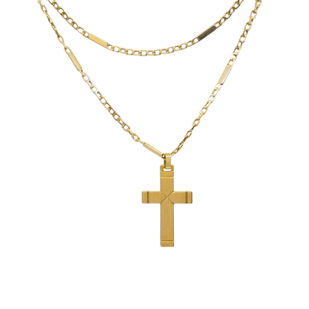 Vintage 14k Gold Cross Pendant Necklace: Substantial, heavy estate devotional necklace featuring an oversized solid 14K yellow gold Latin cross pendant with high-relief beveled edge borders, suspended from a thick rectangular box-link