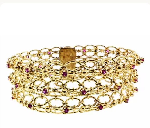 Retro 18K Yellow Gold & Ruby Mesh Bracelet (1 of 1)