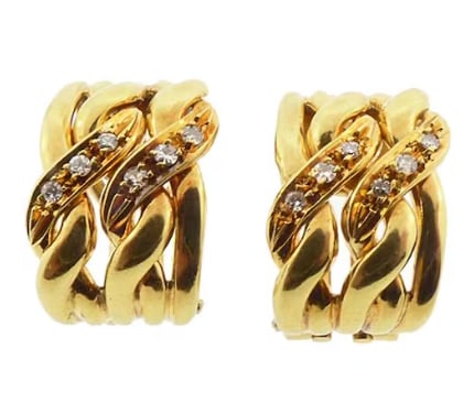 Vintage Gucci 18K Yellow Gold & Diamond Earrings: High-luxury signed estate fashion from the house of Gucci. Sculpted dynamic thick openwork hoop earrings in solid 18K yellow gold, meticulously patterned with iconic organic bamboo segmented reliefs. 