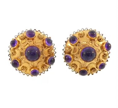 18K Gold & Amethyst Venetian Etruscan Earrings: Masterfully hand-fabricated Italian Etruscan revival button cluster earrings rendered in high-karat 18K yellow gold. Showcases a dimensional shield configuration featuring rich wirework filigree detai