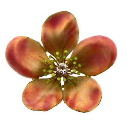 Art Nouveau 18K Gold, Enamel & Diamond Apple Blossom Pin/Pendant: Masterpiece turn-of-the-century Art Nouveau wearable art. Finely cast in 18K yellow gold as a realistic apple blossom flower, decorated with delicate gradient pink and white enamel work on the petals 
