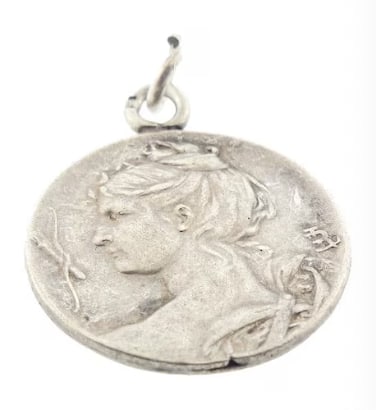 Art Nouveau Louis Rault ARTEMIS Silver Pendant Charm: Rare signed historic French Art Nouveau medal designed by master sculptor Louis Rault. Cast in solid continental silver, displaying a high-relief profile portrait medallion of Artemis, the mythologica