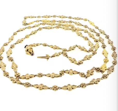 Georgian 15K Gold Fancy Link 46" Long Chain: Spectacular, ultra-rare genuine Georgian period opera-length estate chain link necklace. Hand-fabricated in warm 15K yellow gold, constructed from a complex pattern of alternating hand-carved floral m