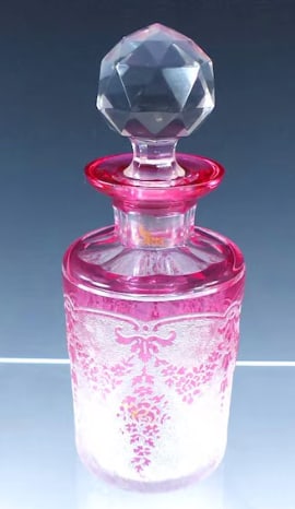 Art Nouveau Val St Lambert Acid Cameo Glass Perfume Bottle: Exquisite antique Belgian art glass vanity bottle by Val St. Lambert. Features a heavy crystal form decorated using technical acid-etched cameo carving, revealing frosted and relief-polished organic t