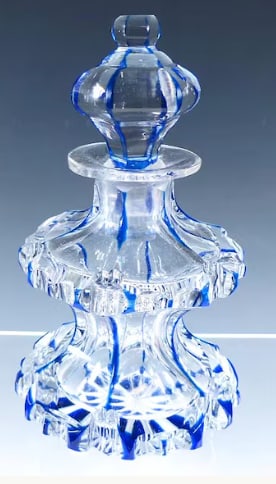 Biedermeier Period Bohemian Cobalt Cut to Clear Perfume Bottle: Stunning mid-19th century Biedermeier-era luxury glass bottle. Heavy Bohemian lead crystal featuring a rich midnight cobalt blue overlay casing precisely hand-ground down through to the clear crystal 