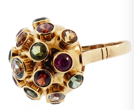 H Stern 18K Gold Multi-Gemstone Sputnik Ring: Highly collectible iconic mid-century modernist "Sputnik" ring designed by luxury Brazilian house H. Stern. Sculpted as a dramatic 18K yellow gold domed cluster orb, completely bristling with individu
