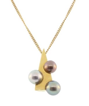 18K Gold & Colored Tahitian Pearl Modernist Pendant: Striking high-concept modernist architectural pendant. Formed from clean, thick overlapping ribbons of mirror-polished 18K yellow gold, cradling a single massive, grade-A natural Tahitian cultured pea