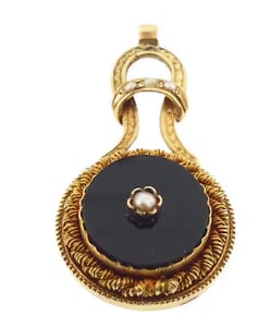 French Victorian 18K Gold, Onyx & Pearl Pendant: Lovely late-Victorian period mourning or sentimental accent piece from France. A perfectly flat-planed oval drop shield of highly polished deep midnight black natural onyx gemstone, centered with a st
