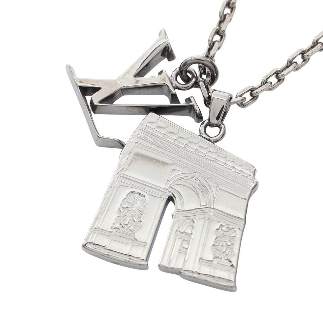 Louis Vuitton Collier Arc LV Initials City Necklace, Stainless Steel Jewelry, Women's, Silver Tone: --- Catalog ---Category: SizePendant Size: 22mm x 22mm / 0.86'' x 0.86''Neck Circumference: 55.5 cm - 66.5 cm / 21.85'' - 26.18''Category: DesignColor: SilverGender: WomenMaterial: Stainless steelNeck