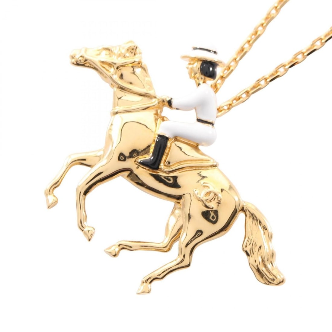 Chanel Coco Mark Equestrian Necklace Jewelry GP (Gold Plated) Women's Gold, White, Black: --- Catalog ---Category: SizePendant Size: 35mm x 50mm / 1.37'' x 1.96''Neck Circumference: 51 cm - 57 cm / 20.07'' - 22.44''Category: DesignColor: Black, Gold, WhiteGender: WomenMaterial: Gold platin