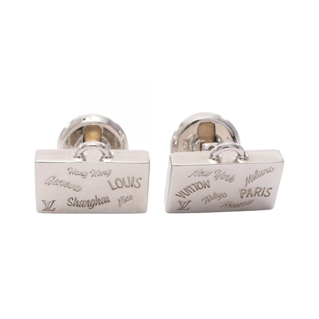 Louis Vuitton Cufflinks, Bouton de Manchette Trunk Motif, Metal, Silver Tone, Men's, M63674 (1 of 3)
