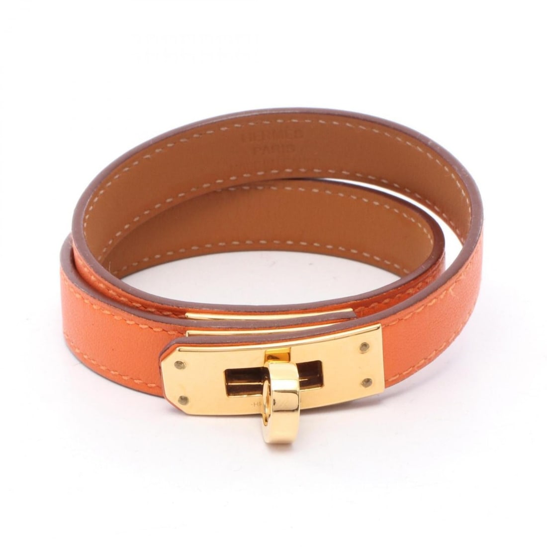 Hermes Kelly Bracelet Double Tour Accessory GP (Gold Plated) Leather Veau Swift Women's Orange Gold: --- Catalog ---Category: SizeLength: 17cm / 6.69''Category: DesignType: Charm braceletColor: OrangeGender: WomenMaterial: Gold plating, Swift leatherCategory: GeneralBrand: Hermes--- Item List ---Sect