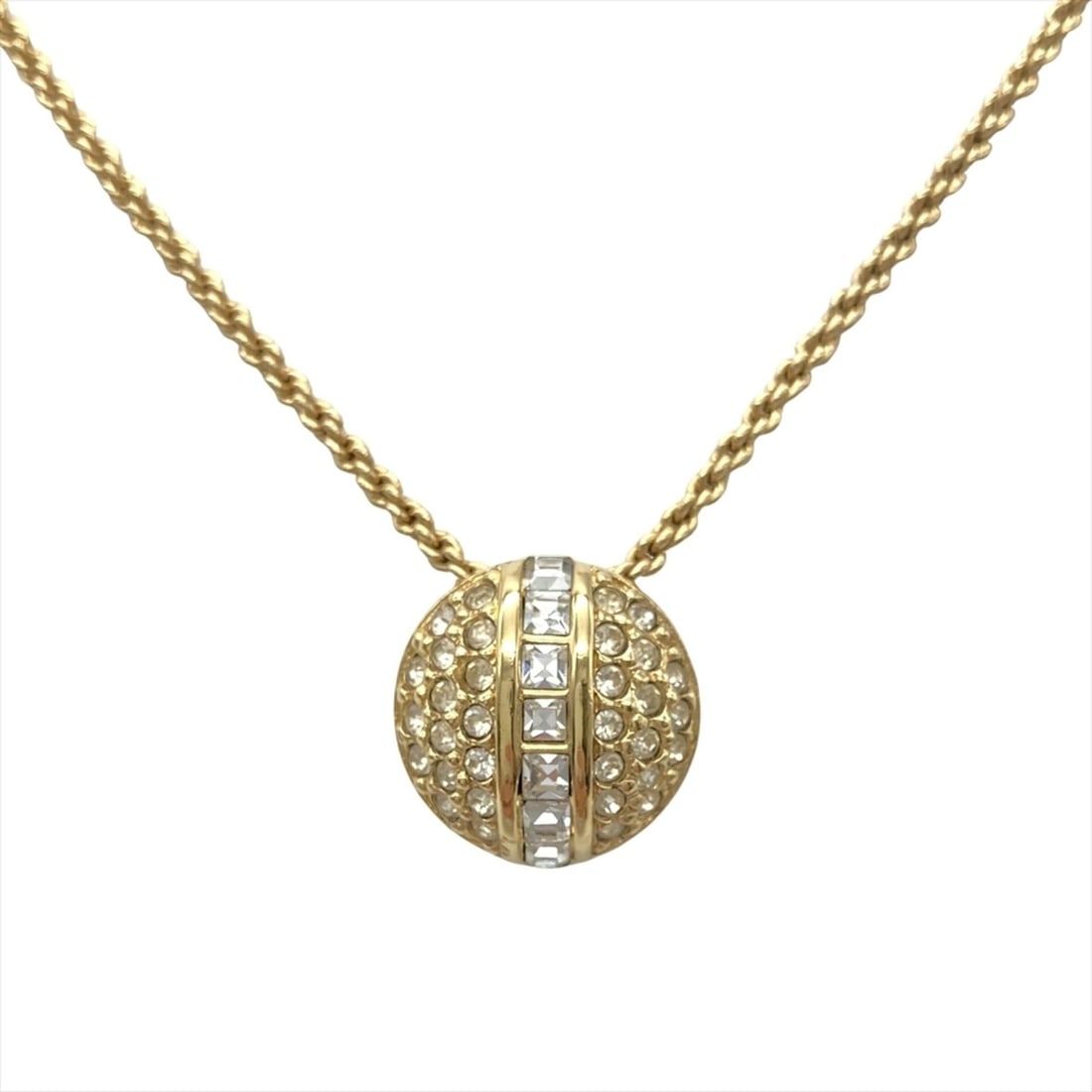 Christian Dior Rhinestone Circle Necklace, Metal, Gold: --- Catalog ---Category: SizePendant Size: 15mm x 15mm / 0.59'' x 0.59''Neck Circumference: 44.1 cm / 17.36''Category: DesignColor: GoldStone: RhinestoneGender: Women,MenMaterial: MetalNecklace Type: 