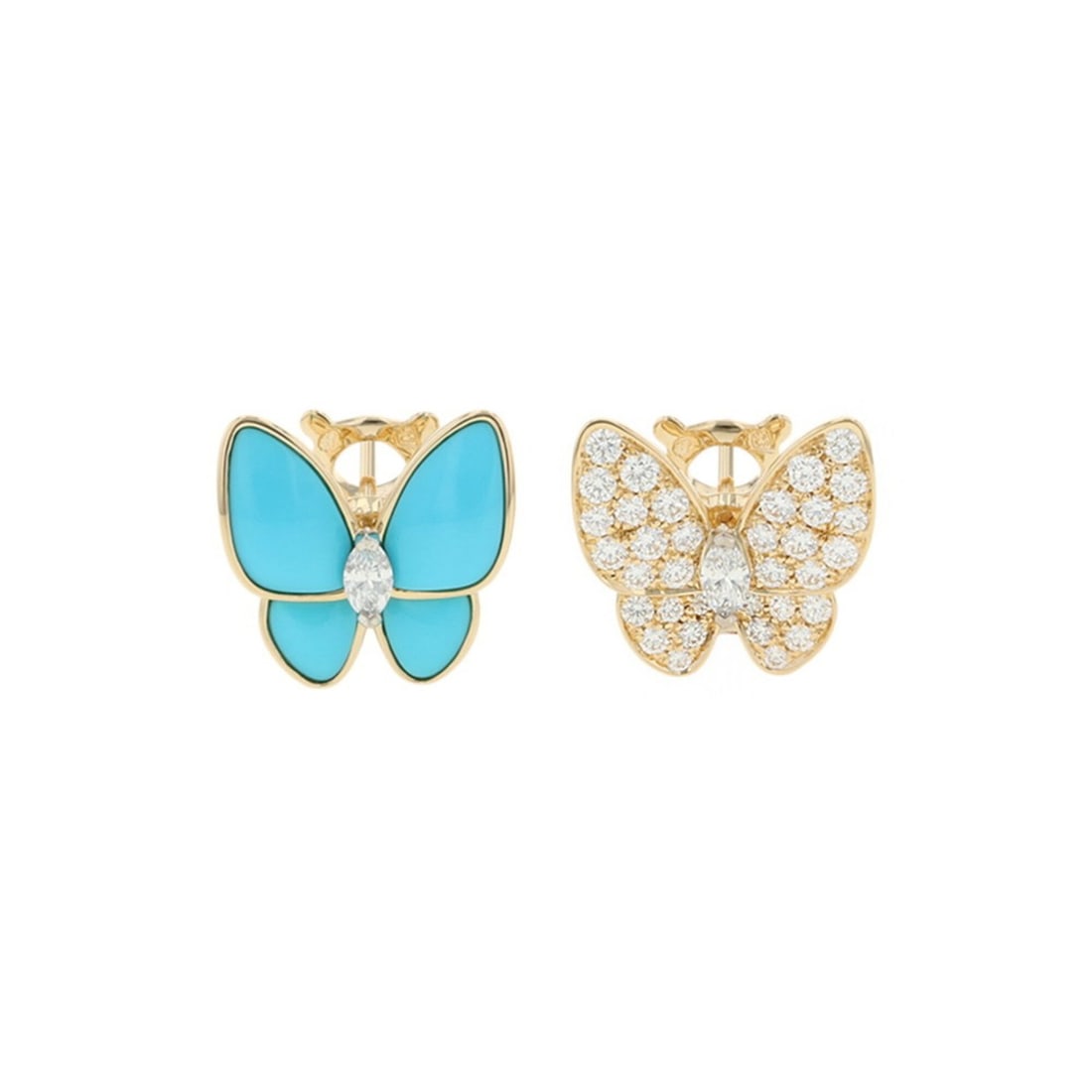 Van Cleef & Arpels De Papillon Turquoise Diamond Earrings, 36 pieces, total 0.99ct, 18K Yellow Gold,: --- Catalog ---Category: SizeSize (HxWxD): 14.90mm x 15.40mm / 0.59'' x 0.61''Category: DesignType: Stud earringsGender: WomenMaterial: Yellow gold (18K)Category: GeneralBrand: Van Cleef & Arpels--- I