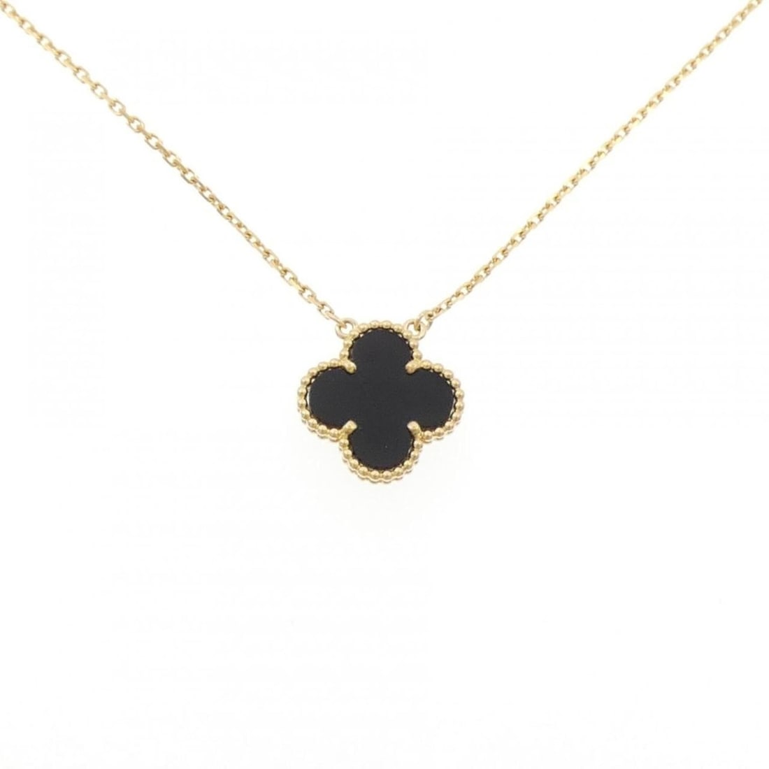 Van Cleef & Arpels Vintage Alhambra Necklace: --- Catalog ---Category: SizeWidth: 1.1mm / 0.04''Weight: 5.2g / 0.18oz.Pendant Size: 14.8mm x 14.8mm / 0.58'' x 0.58''Neck Circumference: 38 cm - 42 cm / 14.96'' - 16.53''Category: DesignStone: OnyxG