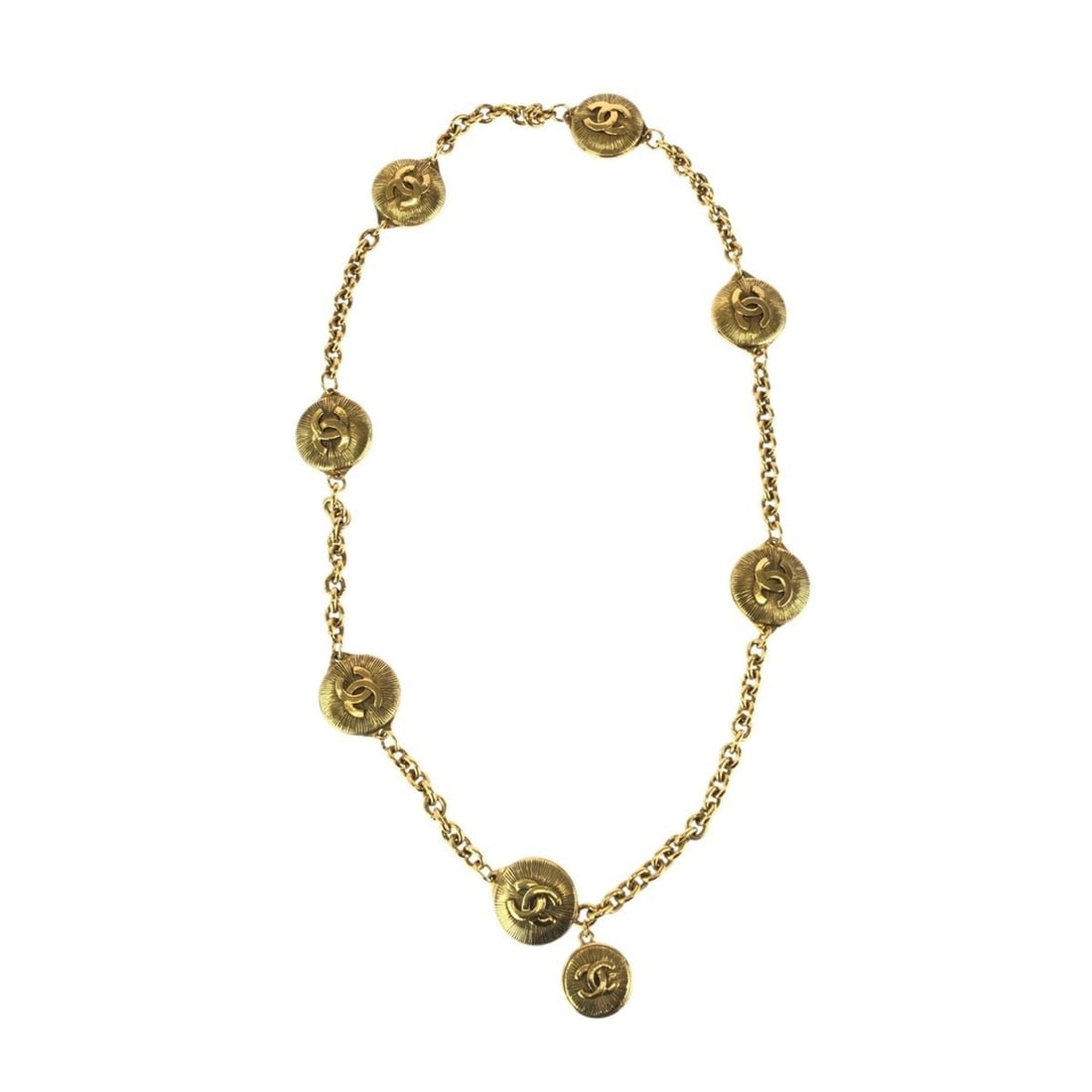 CHANEL Coco Mark Coin Gold Plated Necklace Chain Belt for Women: --- Catalog ---Category: SizePendant Size: 25mm x 25mm / 0.98'' x 0.98''Neck Circumference: 87 cm / 34.25''Category: DesignColor: GoldGender: WomenMaterial: Gold platingNecklace Type: Neck chainCatego