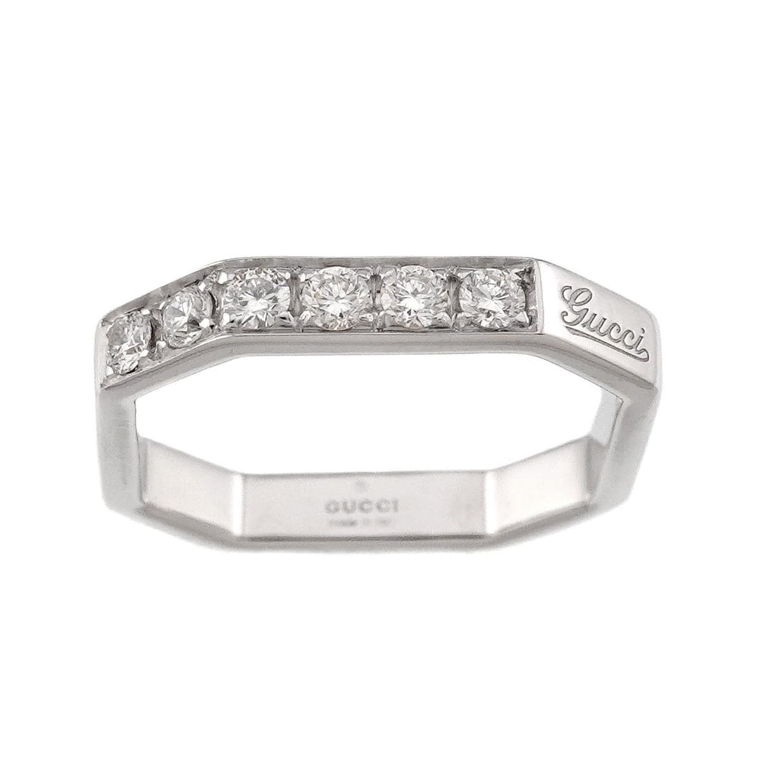 Gucci Octagonal #6 Ring with Diamonds, 18K White Gold (750): --- Catalog ---Category: SizeJP Size: 8US Size: 4.5Category: DesignType: Band ringColor: White goldGender: WomenMaterial: White gold (18K)Category: GeneralBrand: Gucci--- Item List ---Section: