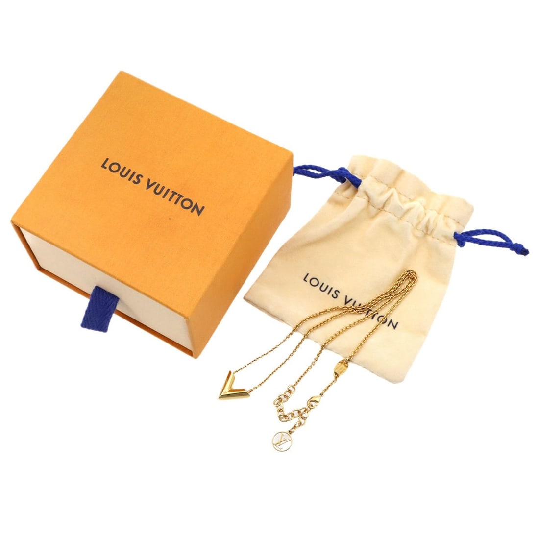 Louis Vuitton Essential V Necklace, Gold, M61083: --- Catalog ---Category: SizePendant Size: 13mm x 16mm / 0.51'' x 0.62''Neck Circumference: 42.5 cm - 47 cm / 16.73'' - 18.5''Category: DesignColor: GoldGender: WomenNecklace Type: NecklaceCategory: