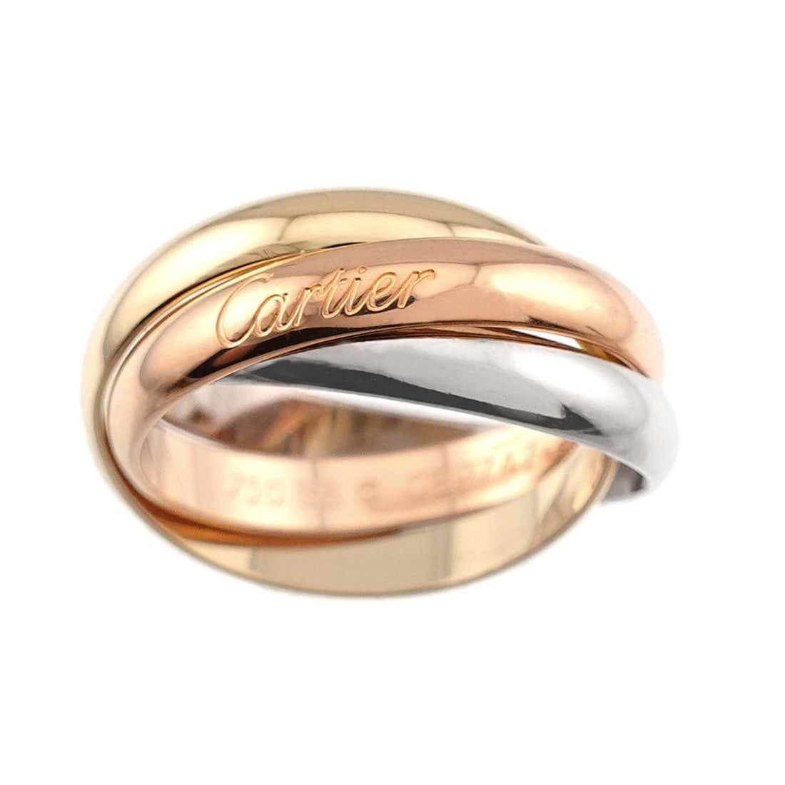Cartier Trinity MM #55 Ring, 18K Yellow Gold, White Pink Triple Band, Three Colors, 750 Gold.: --- Catalog ---Category: SizeJP Size: 14.5US Size: 7Category: DesignType: Band ringColor: Pink gold, White gold, Yellow goldGender: WomenMaterial: Pink gold (18K), White gold (18K), Yellow gold